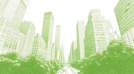 Green Cityscape A Light Green and Yellow Green Illustrated Perspective of a City Street