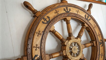 Fototapeta premium An ornate wooden ship wheel with detailed engravings of anchors and ropes in a warm golden finish, rope and anchor design, coastal home decor, wooden furniture