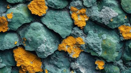 Close-up of teal stone wall with yellow lichen.