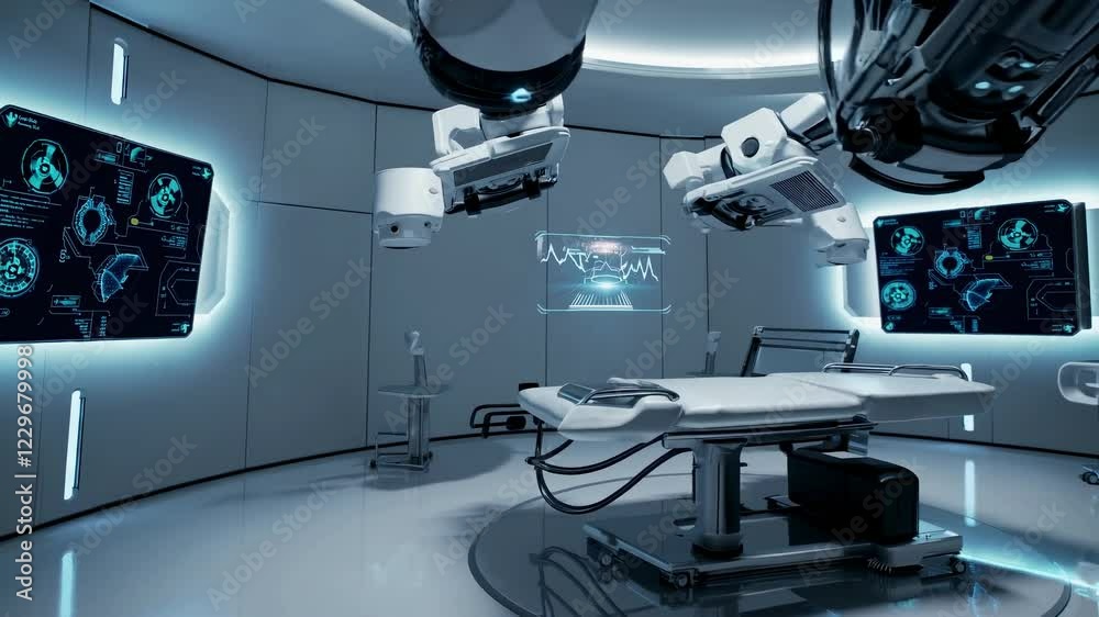 Poster exploring a futuristic medical facility with advanced holograms and vfx technologies