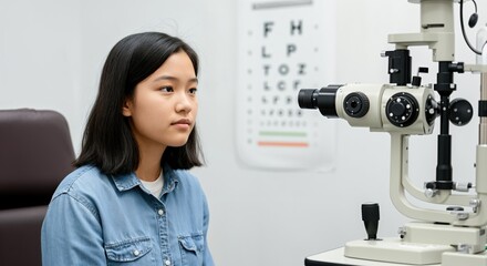 Patient getting an eyesight test using a phoropter in an ophthalmology clinic, checking visual acuity and eye health
