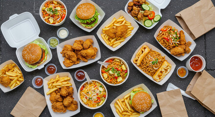 An appetizing spread of fast-food classics, featuring street-style and takeaway favorites, captured from a top-down view for the ultimate indulgent feast.