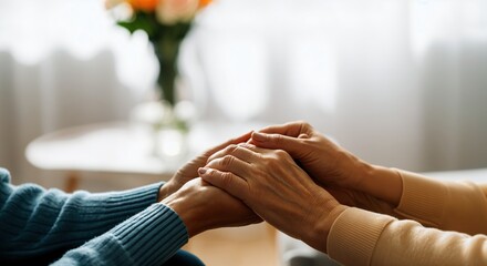 Close up of caregiver holding senior woman's hands, offering compassion and empathy in a healthcare setting