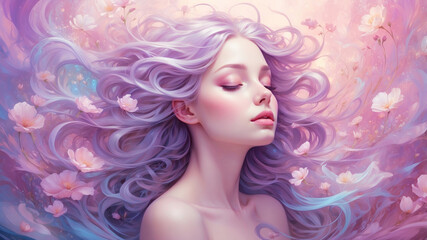 Fototapeta premium Creative fantasy portrait of a girl surrounded by flowers. Concept of dream, meditation, transcendent conscience and creative mind.