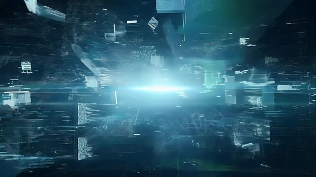 Abstract technological interface breaking into fragments, surrounded by static