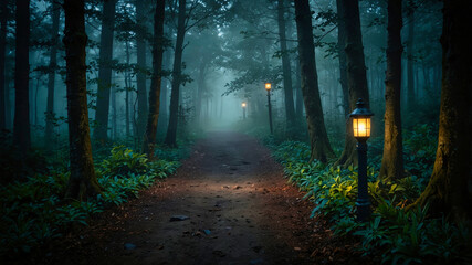 Fototapeta premium A moody, atmospheric image of a dimly lit forest path, with an old lantern illuminating the surrounding area