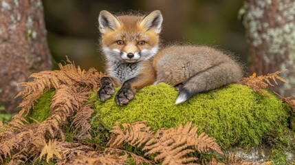 Adorable red fox kit resting on mossy rock, surrounded by autumn ferns.