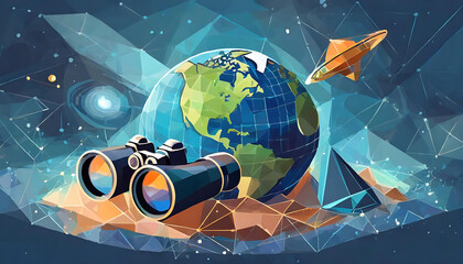 Scientific space research. Exploration of the universe. Planet earth and binoculars