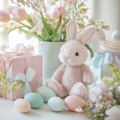Obraz premium Easter Bunny with Pastel Eggs and a Gift Box.
