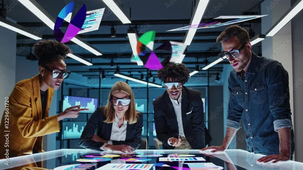 Fototapete innovative team collaborates using holograms in a modern workspace with futuristic vibes