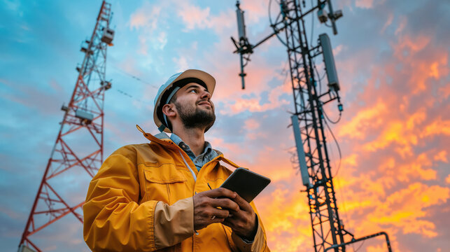 Telecommunication engineer inspecting cell tower with digital tablet