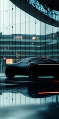 Fototapeta premium A black car is parked in front of a building. The car is in a parking lot