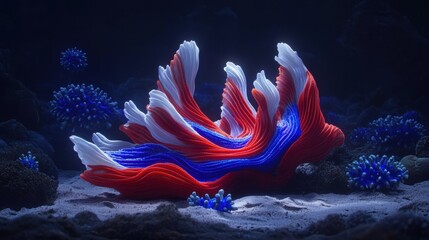 Luminous Red White Blue Pixel Art Sea Creature in Dark Underwater Scene