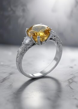 Anillo de platino con un diamante amarillo y zafiro en un fondo de gemas blancas, anillo de diamante,
