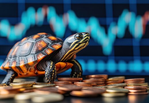 Turtle on Coins with Stock Market Graph in Background Representing Investment Growth and Financial Success, Emphasizing Patience in Trading Strategies