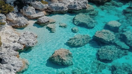 Clear turquoise water laps gently against white rocks on a secluded beach.