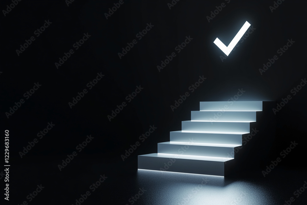 Poster Futuristic illuminated staircase with a glowing check mark above, symbolizing progress, success, and achievement in a minimalistic dark setting.