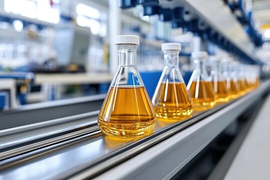 Bottles containing amber liquid are lined up on a conveyor belt in a modern laboratory or manufacturing facility, showcasing industrial processing.