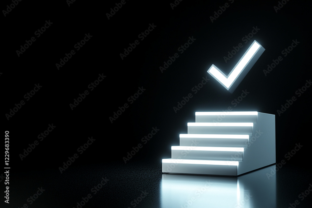 Aufkleber a glowing illuminated staircase with a floating checkmark above, symbolizing progress, achievement, 