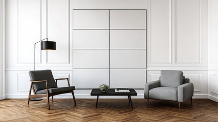 Living room interior featuring a comfortable chair and a modern table with decorative elements