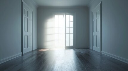 Fototapeta premium Sunlit Empty Room Interior Design: Minimalist Architecture, Serene Atmosphere, Modern Home, Bright Space, Elegant Doors, Hardwood Floor, Clean Lines