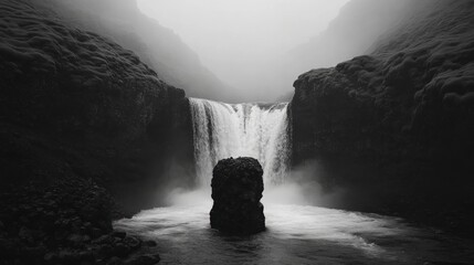 A powerful waterfall cascading into a rocky pool below.