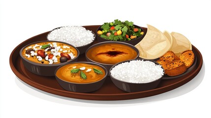 Traditional Indian Platter Thali with Variety of Dishes, Spices, and Fresh Ingredients on Rustic Wooden Table - Authentic Indian Cuisine