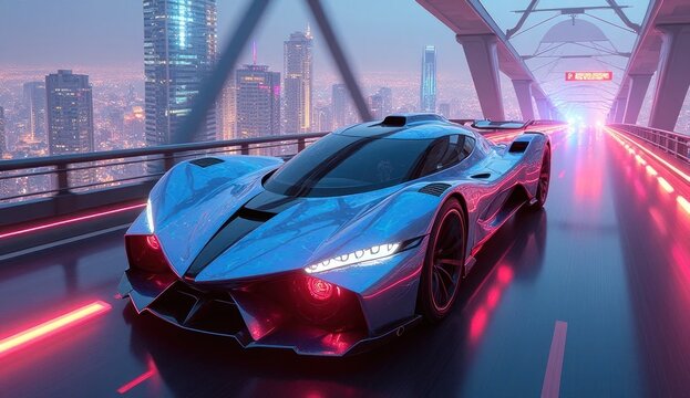"A futuristic hypercar with an aerodynamic, cutting-edge design speeds across a neon-lit bridge in a cyberpunk cityscape. The sleek metallic blue body reflects the vibrant pink and purple lights of th