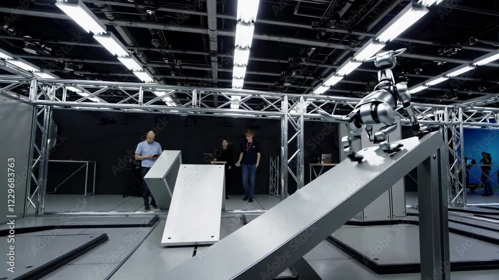 Poster innovative robotic dogs showcase advanced vfx and hud technology in futuristic testing facility