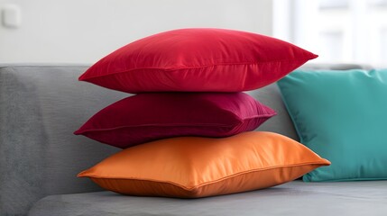Vibrant velvet & silk pillows stacked on a gray couch. Luxurious comfort and style.