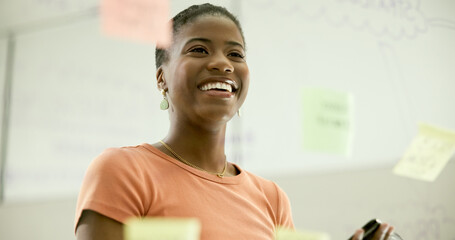 Woman, smile and sticky notes on glass, planning and logistics or strategy for company. Black...