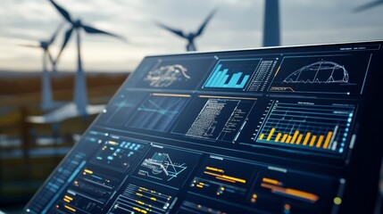 Futuristic AI-controlled turbine monitoring system, digital dashboard interface overlay, clean white backdrop.