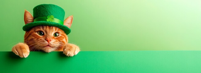 St. Patrick's Day concept, a happy, smiling and laughting cat in a green hat and peeking over the edge of a blank banner with a copy space area on a flat background. The funny pe
