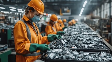 Workers at an e-waste recycling plant sorting electronic materials, wearing safety gear.