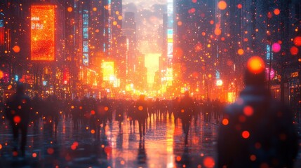 Fototapeta premium Cyberpunk city street at night with crowds of people and neon lights.