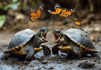 Two Colorful Turtles in Nature Engaging with Flying Monarch Butterflies at a Serene Setting Under Bright Sunshine