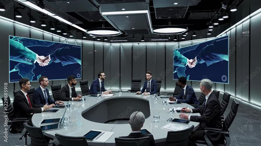 Leinwandbilder collaborative meeting with holographic displays showcasing global data and vfx elements in a modern 