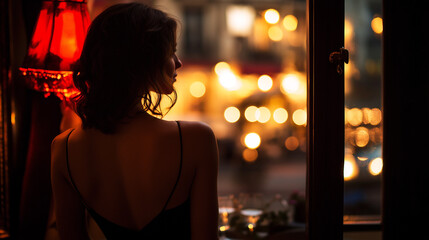  brunette woman with medium-length hair, dressed in an elegant backless dress, stands by the window, gazing outside into the evening. The dim, moody lighting casts soft shadows on her silhouette