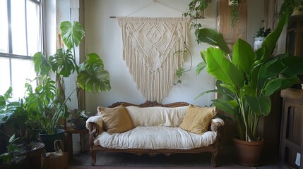 Sustainability at Home. Cozy living room with plants and a macramé wall hanging.
