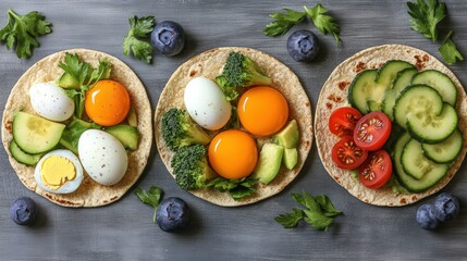 Couple of tacos filled with scrambled eggs and fresh vegetables on a wooden table