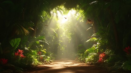 Naklejka premium Sunlit Path Through Lush Tropical Jungle Canopy