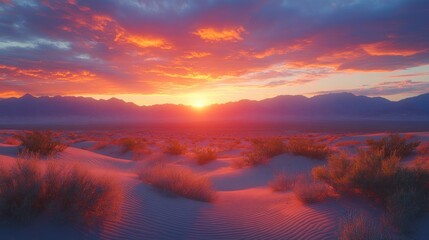 Obraz premium Vibrant sunset over desert landscape with sand dunes and mountains.
