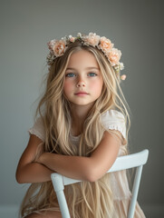 Portret młodej dziewczyny z długimi blond włosami i kwiatem brzoskwini