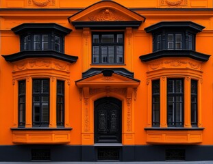 Obraz premium Orange building facade with black windows and door.