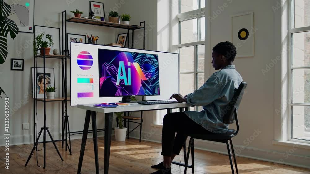 Poster creative process unfolds inside a modern workspace with futuristic elements and vibrant visuals