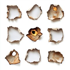 Collection of burnt holes in piece of paper isolated on white background