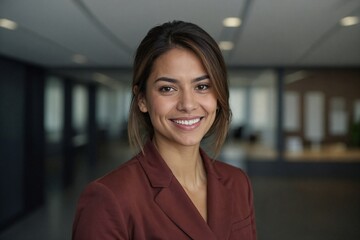 Headshot close up face portrait of young happy smiling Hispanic businesswoman, female company worker or corporate manager, confident business woman entrepreneur looking at camera at work in office. 