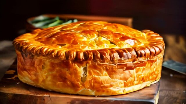 Video of traditional New Zealand style meat pie with buttery flaky pastry on wood cutting board. Local cuisine specialty