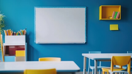 Teacher conducting a lesson in a classroom, using a whiteboard and educational materials on a professional gray background.