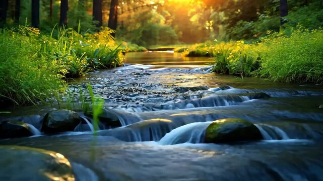 quiet nature landscape small creek flow in green forest with sunlit
